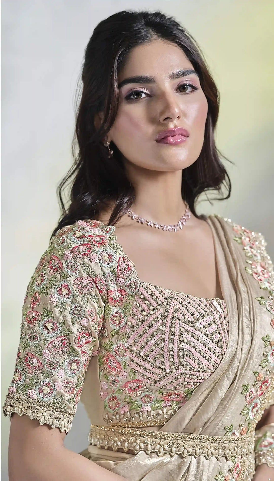 Buy Luxurious Cream Satin Silk Saree with Moti & Sequins Details