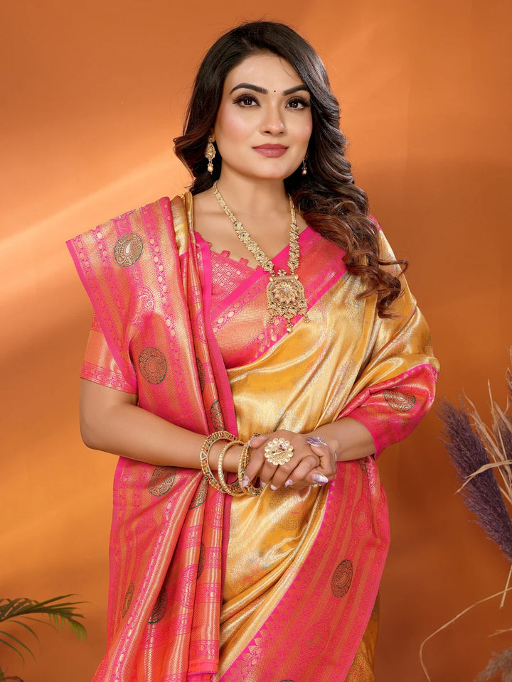 Shop Mustard Banarasi Tissue Silk Saree with Paithani Design