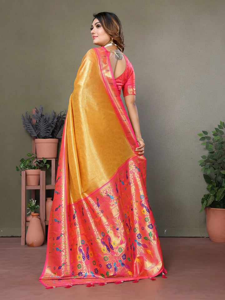 Shop Mustard Luxurious Banarasi Tissue Silk Saree with Paithani Designer Work Blouse
