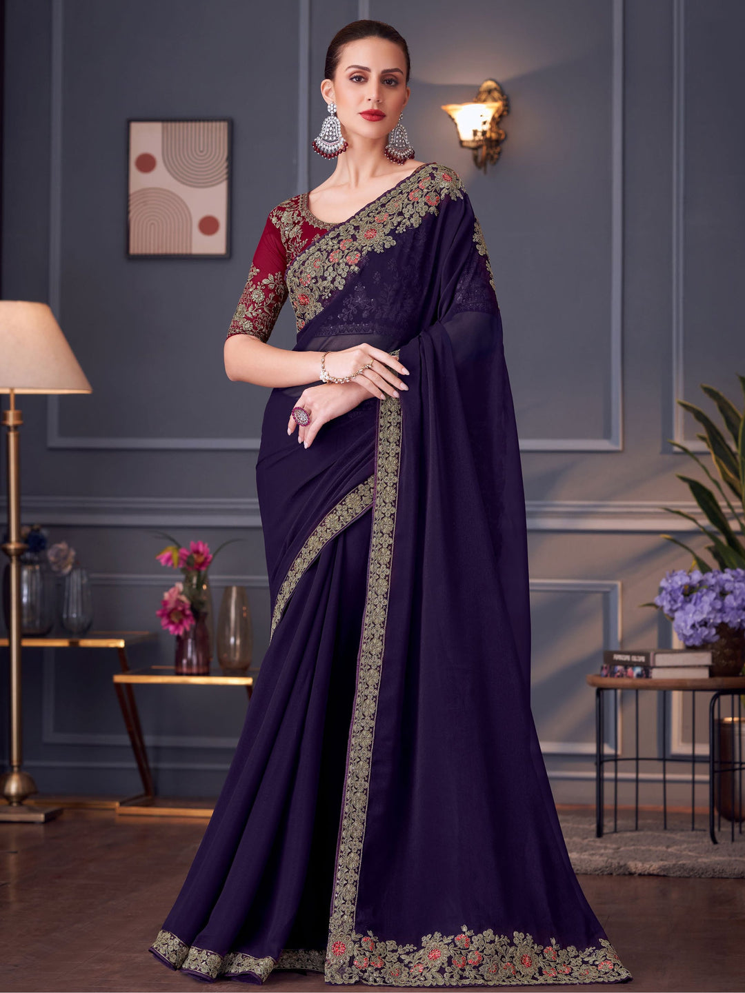 Shop Navy Blue Georgette Saree for Engagements