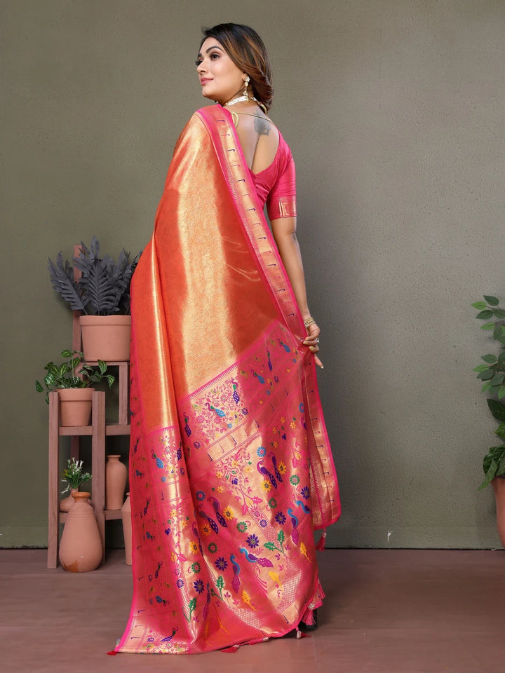 Shop Orange Luxurious Banarasi Tissue Silk Saree with Paithani Designer Work Blouse
