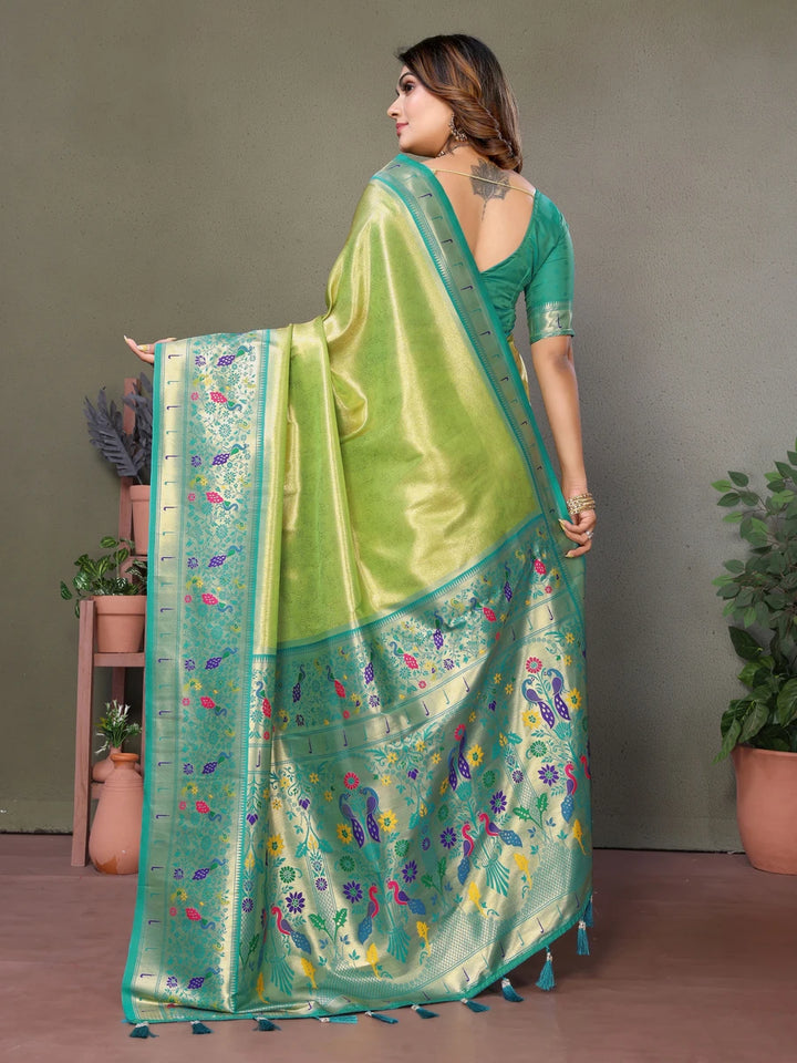Shop Parrot Green Luxurious Banarasi Tissue Silk Saree with Paithani Designer Work Blouse
