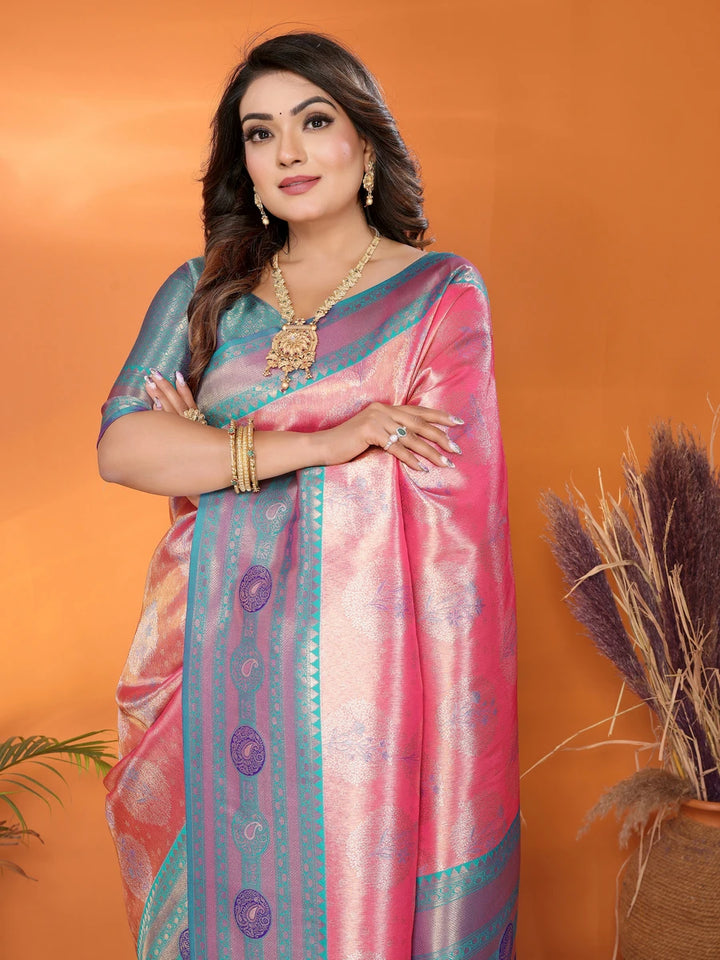 Shop Peach Banarasi Tissue Silk Saree with Paithani Design