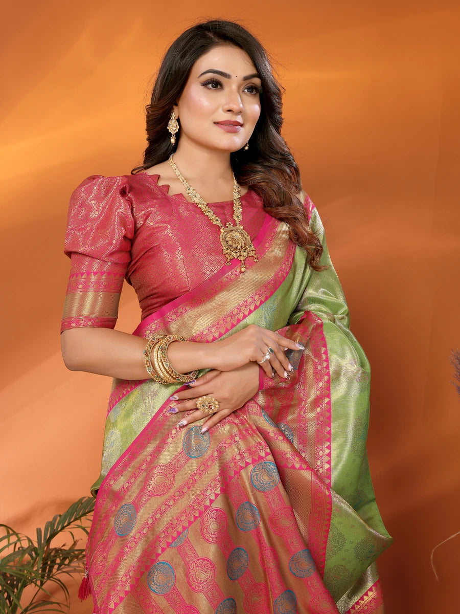 Shop Pista Green Banarasi Tissue Silk Saree with Paithani Design