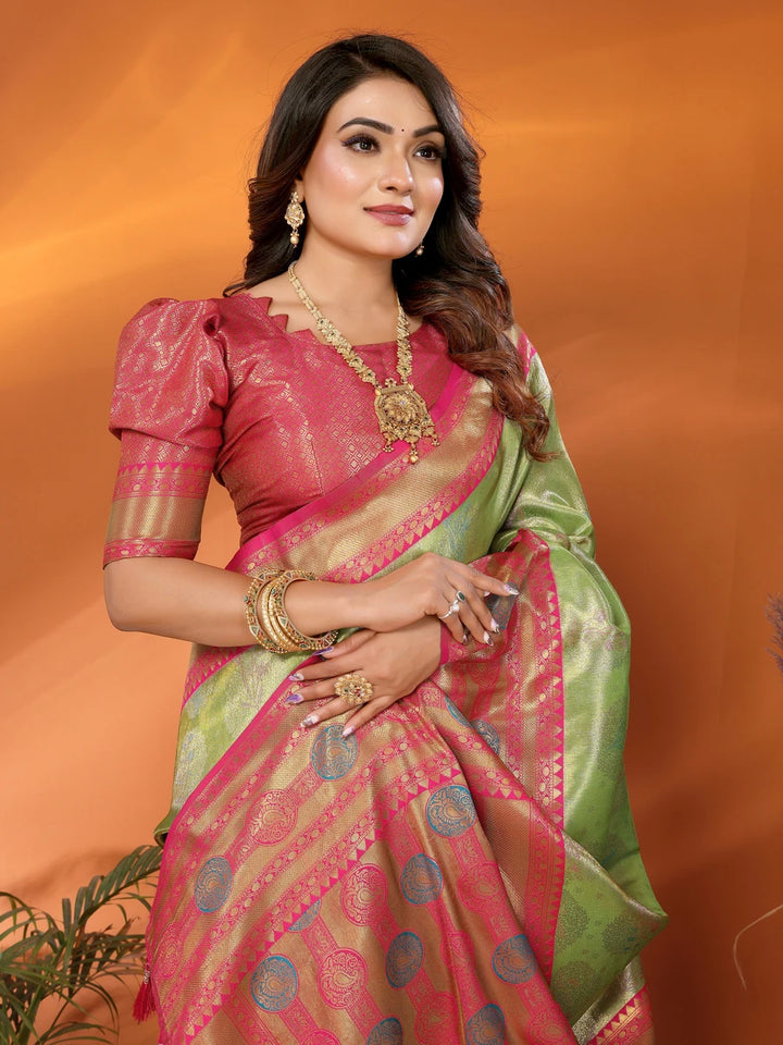 Shop Pista Green Banarasi Tissue Silk Saree with Paithani Design