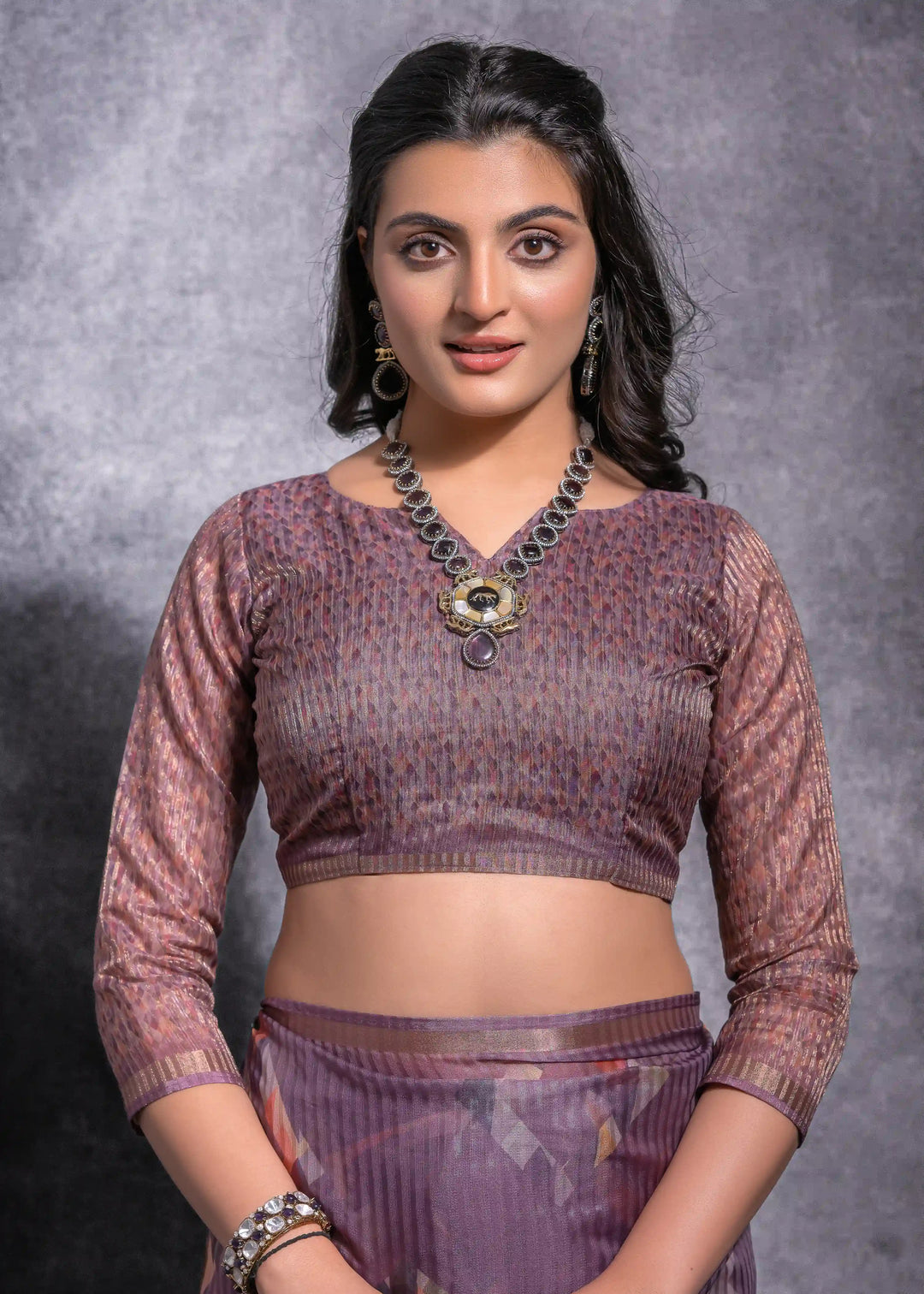 Shop Purple Linen Saree with Zari & Digital Work