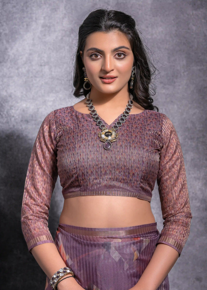Shop Purple Linen Saree with Zari & Digital Work