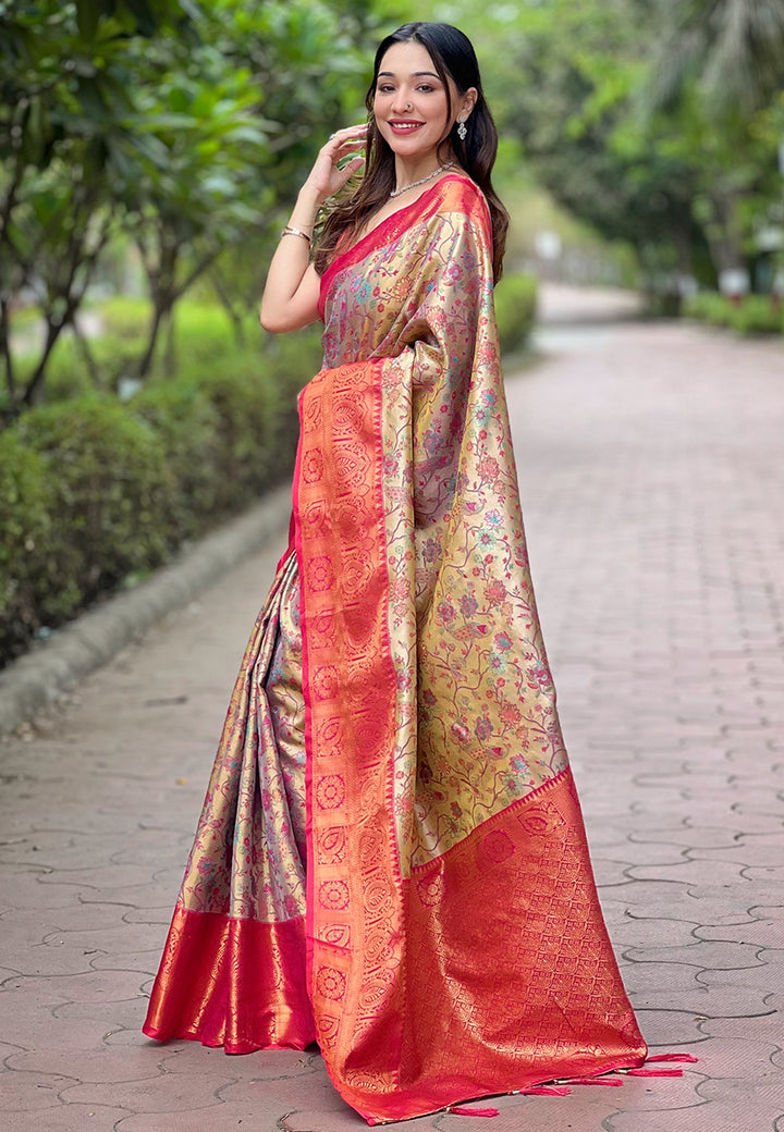 Shop Raspberry Beautiful Woven Silk Saree – Ideal Wedding & Party Wear
