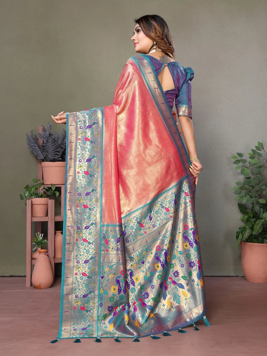 Shop Red Orange Luxurious Banarasi Tissue Silk Saree with Paithani Designer Work Blouse

