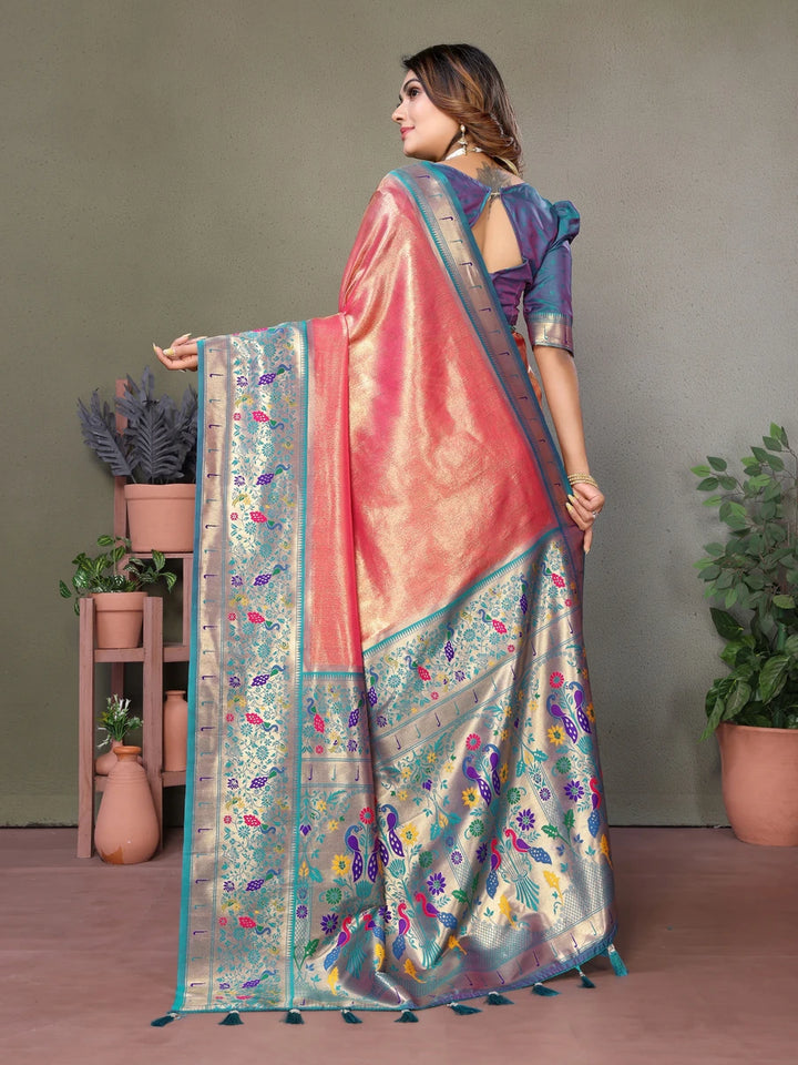 Shop Red Orange Luxurious Banarasi Tissue Silk Saree with Paithani Designer Work Blouse
