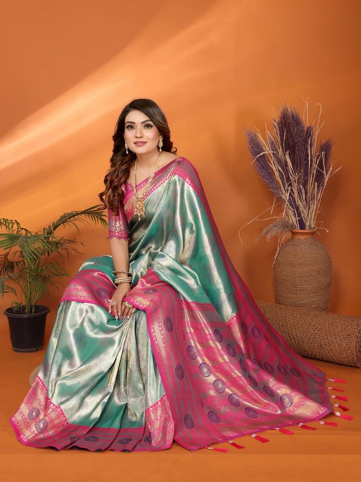 Shop Sea Green Banarasi Tissue Silk Saree with Paithani Design