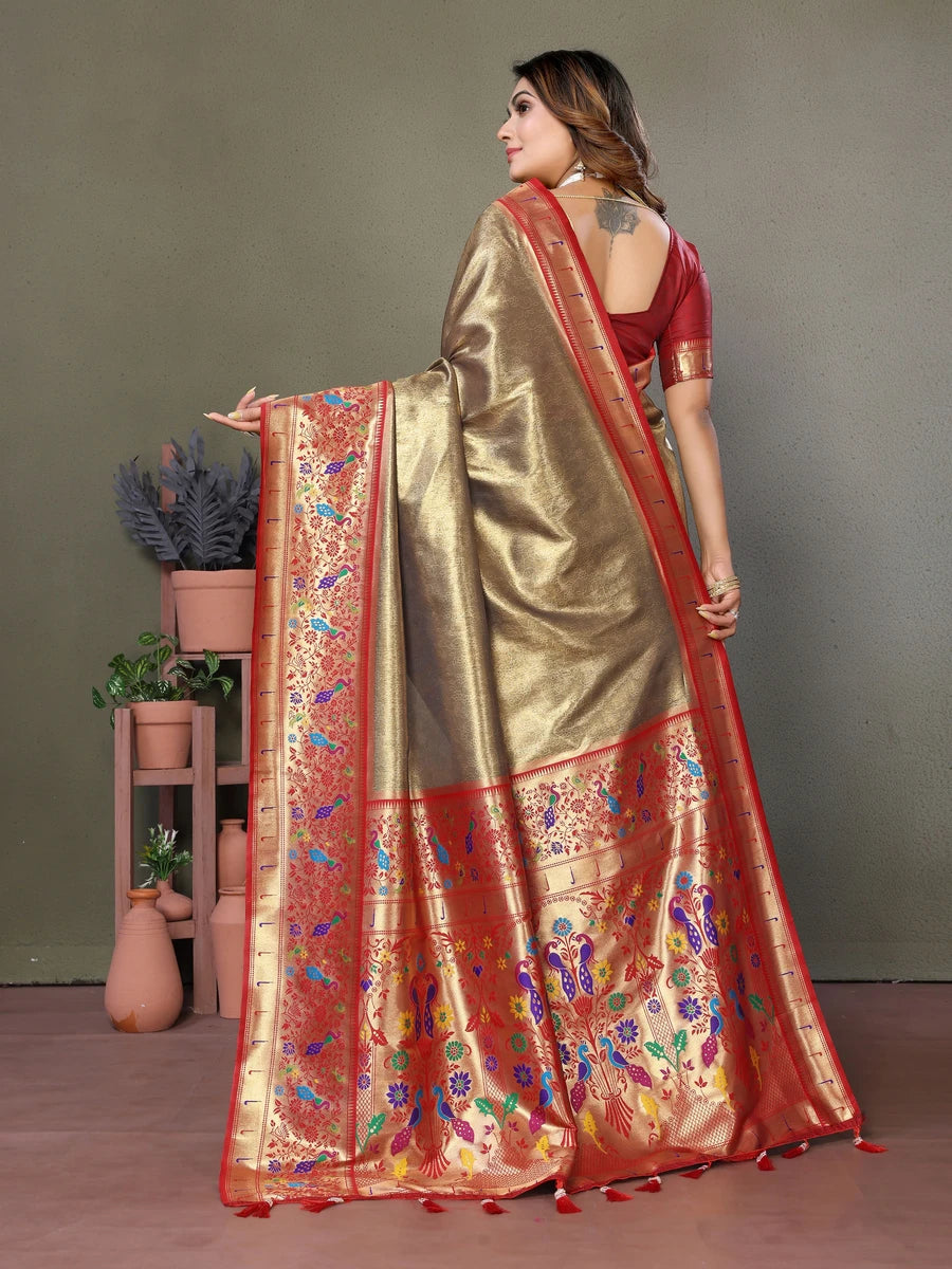 Shop Tawny Brown Luxurious Banarasi Tissue Silk Saree with Paithani Designer Work Blouse
