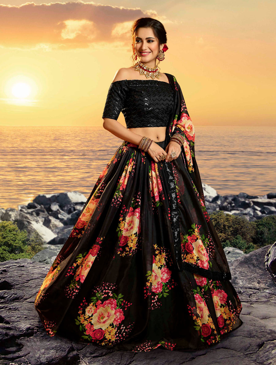 Shop black digital printed organza lehenga choli set with floral print