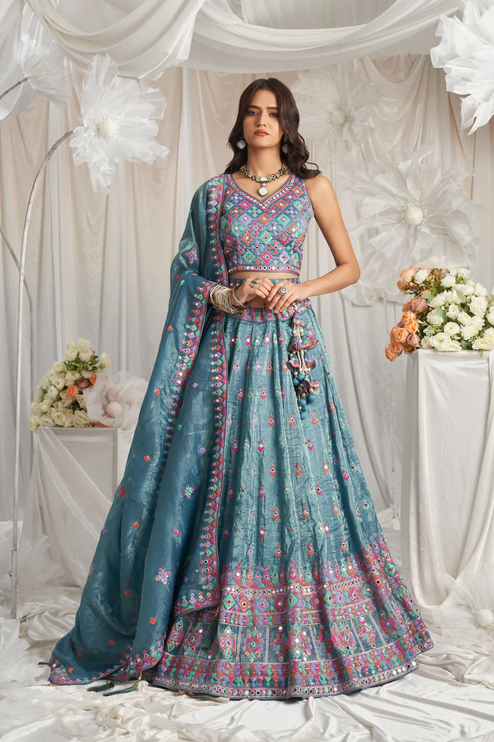 Shop dark teal blue organza lehenga choli with heavy embroidery
