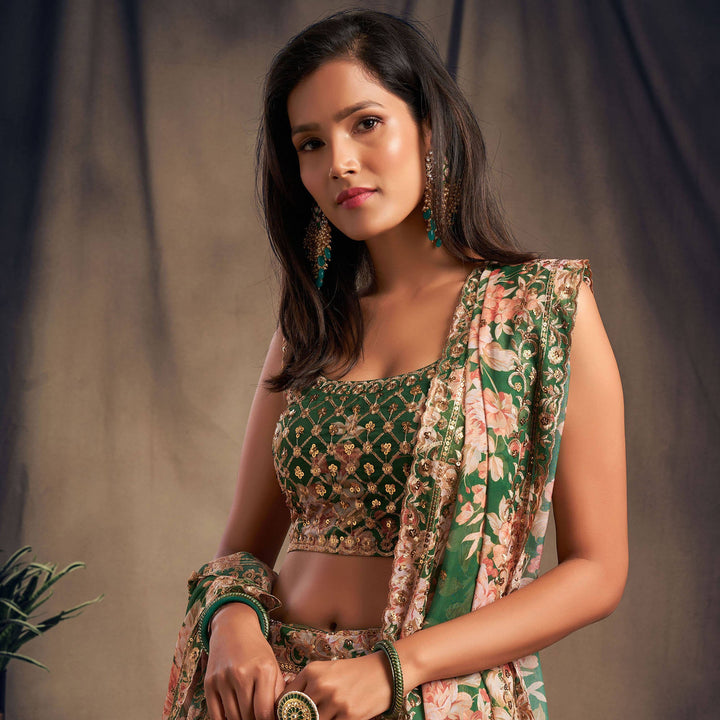 Shop designer green floral lehenga choli with organza fabric