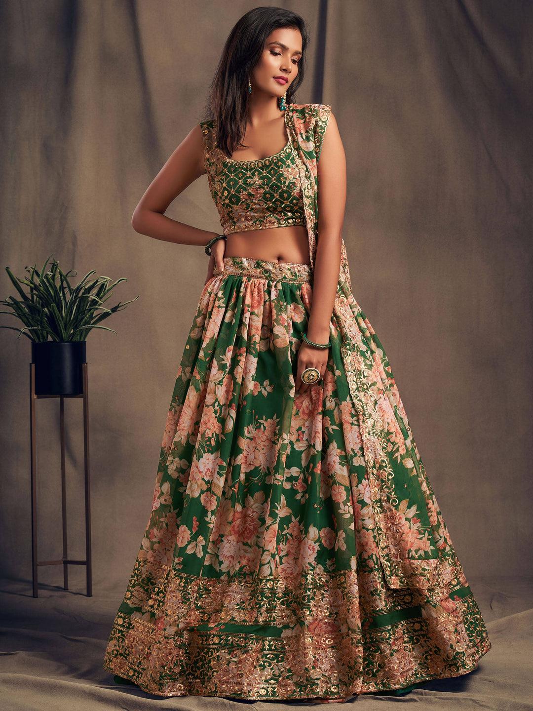 Shop elegant green lehenga choli with floral print for festivals