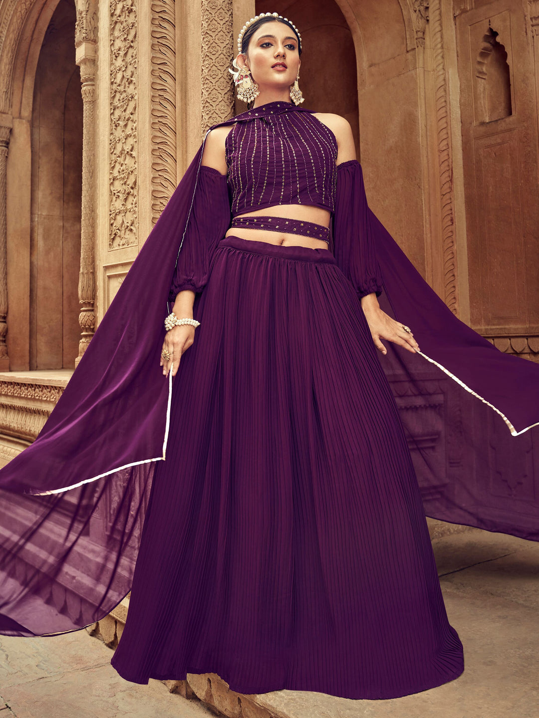 Shop elegant wine lehenga choli with intricate embroidery