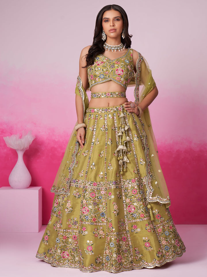 Shop gorgeous mustard green sequins silk lehenga choli for weddings