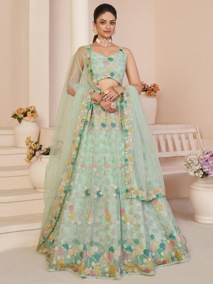 Shop magnificent mint thread work lehenga choli online
