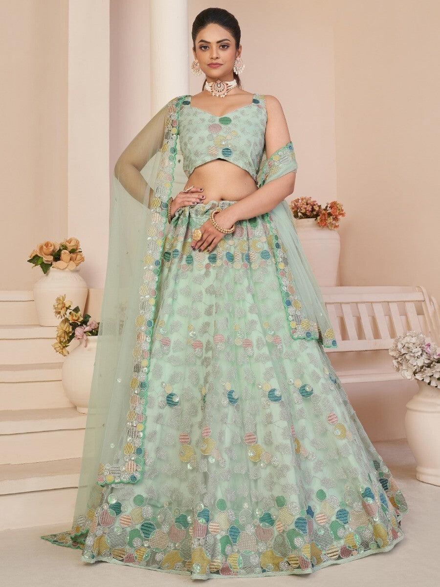 Shop mint net designer lehenga choli with thread work