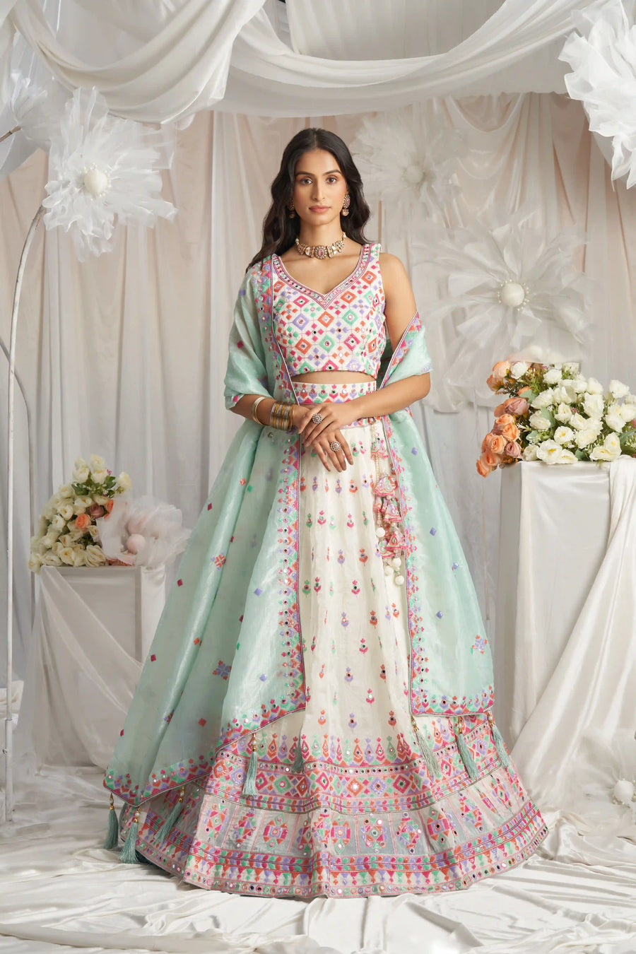 Shop off-white organza lehenga choli with heavy embroidery