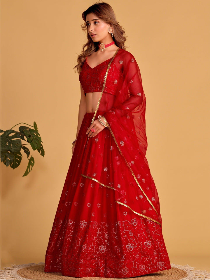 Shop red party wear lehenga choli in georgette fabric