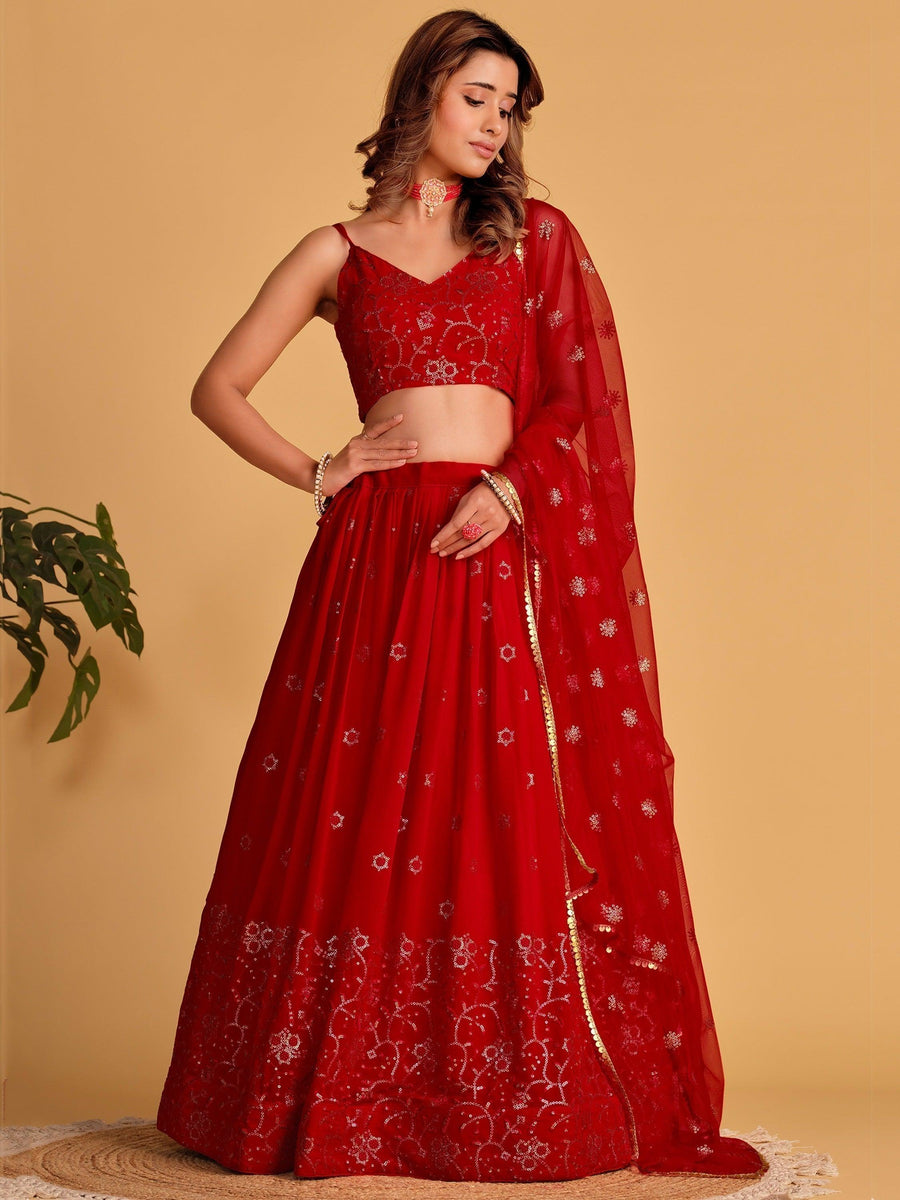 Shop red sequins georgette lehenga choli for reception