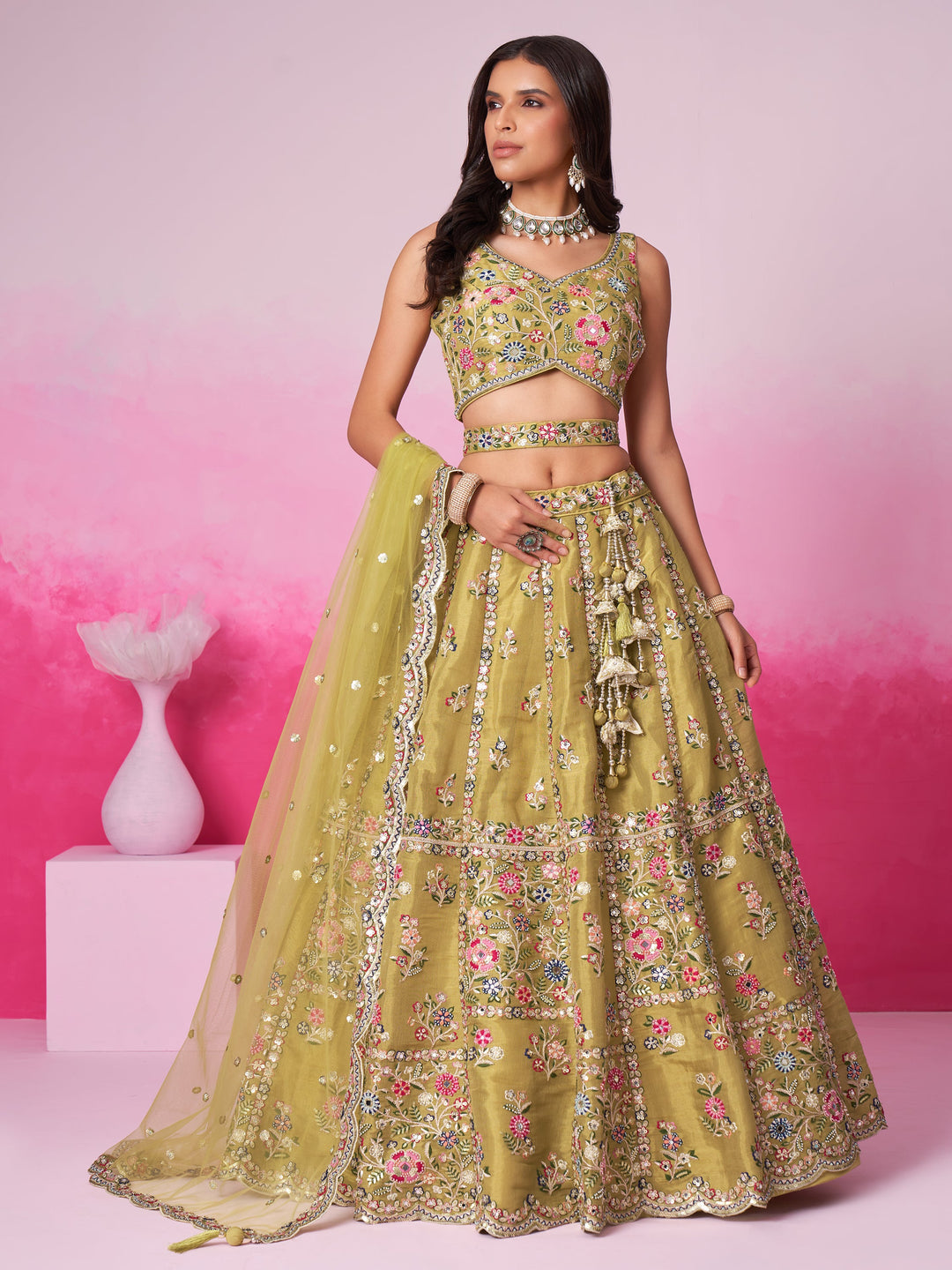 Shop stunning mustard green silk lehenga with sequins work