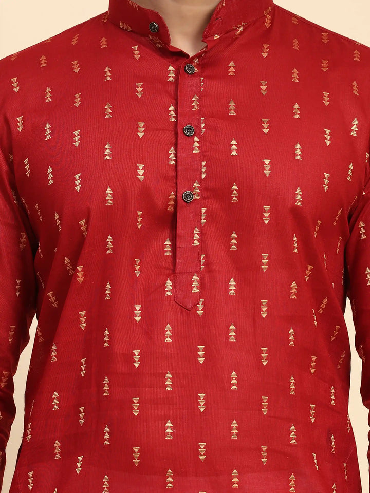 Red Pure Cotton Men's Kurta | Ethnic Kurta Design Handwoven Motifs
