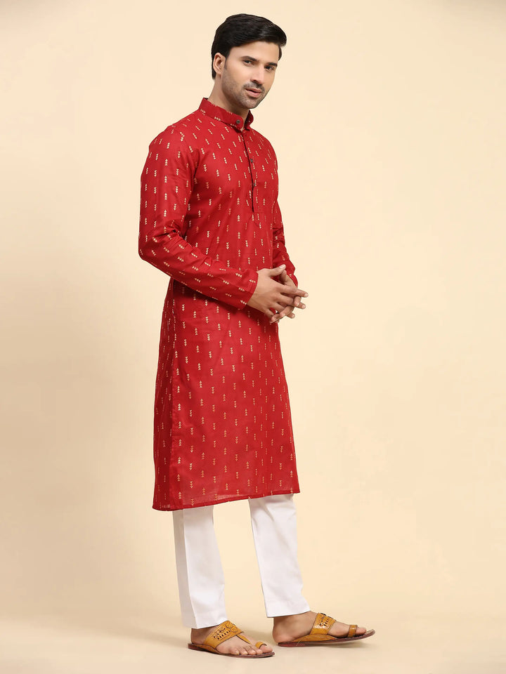Red Pure Cotton Men's Kurta | Ethnic Kurta Design Handwoven Motifs