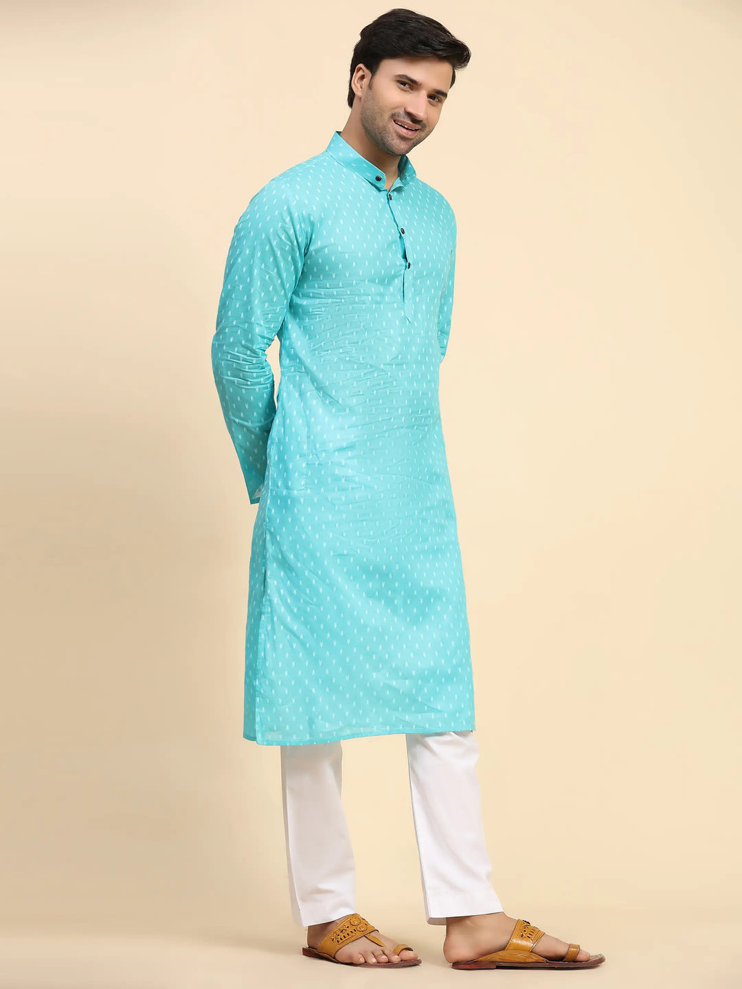 Cyan Blue Kurta Set for Men | Embroidered Kurta Pajama for Festive Wear