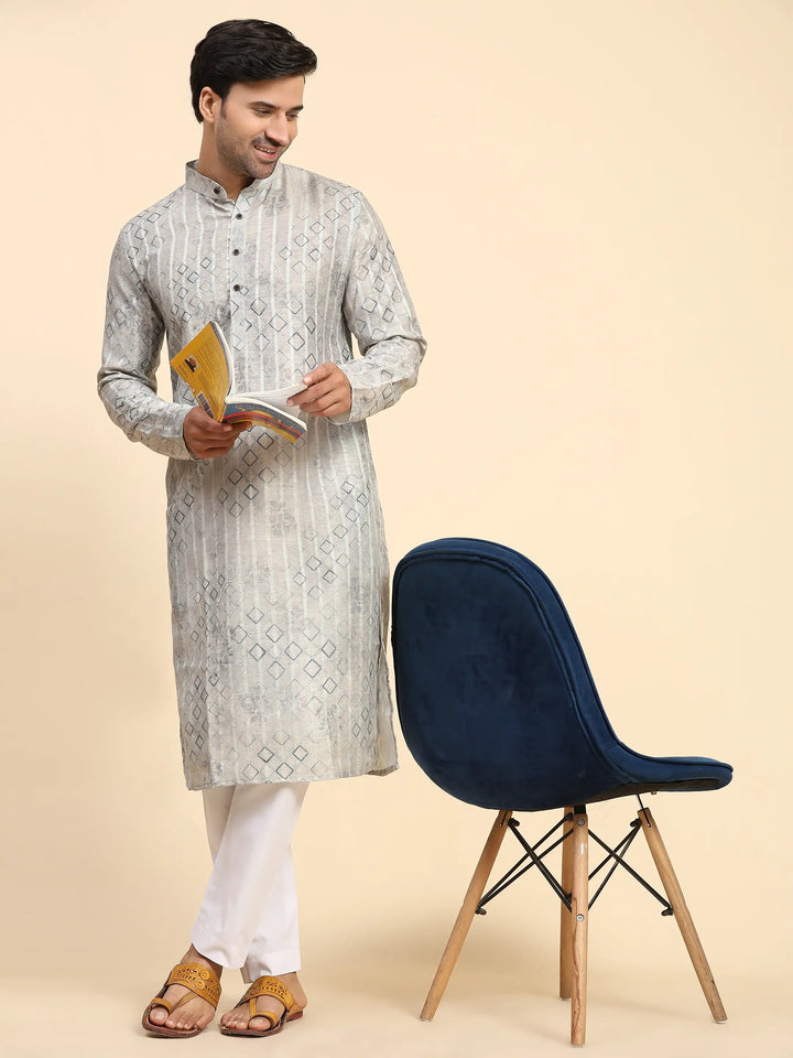 Geometric Print Grey Kurta Set | Men’s Traditional Festive Wear