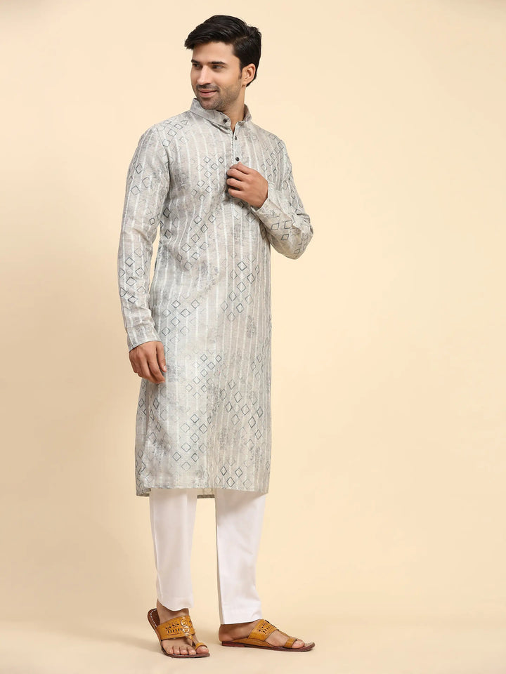 Geometric Print Grey Kurta Set | Men’s Traditional Festive Wear