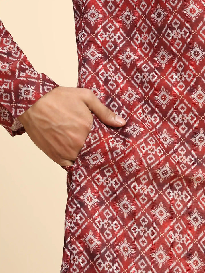 Red Kurta Pajama Set for Men | Bold Geometric Print for Sangeet