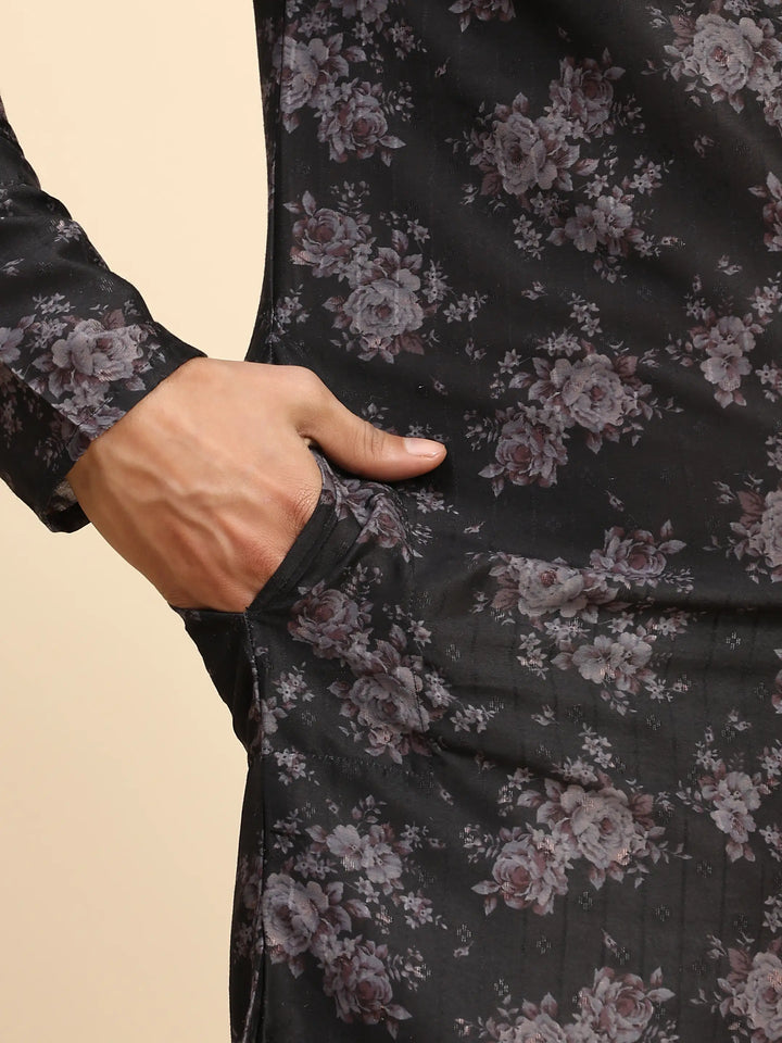 Black Midnight Blossom Kurta Pajama Set for Men | Sangeet & Festive Wear