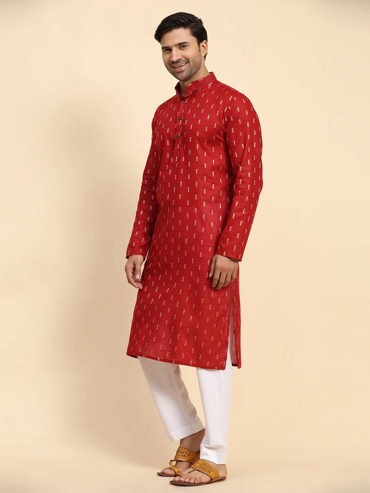 Red Pure Cotton Men's Kurta | Ethnic Kurta Design Handwoven Motifs