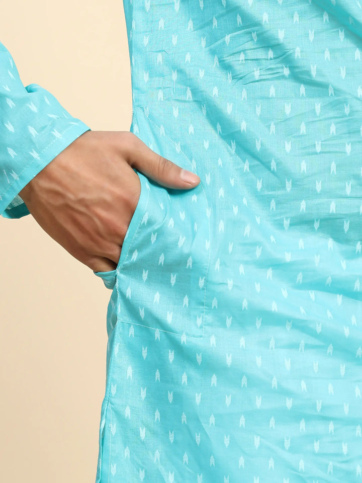 Cyan Blue Kurta Set for Men | Embroidered Kurta Pajama for Festive Wear