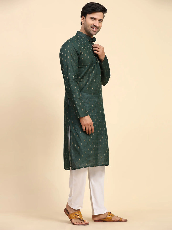 Dark Green Kurta Set for Men | Handwoven Motif Festive Ethnic Wear