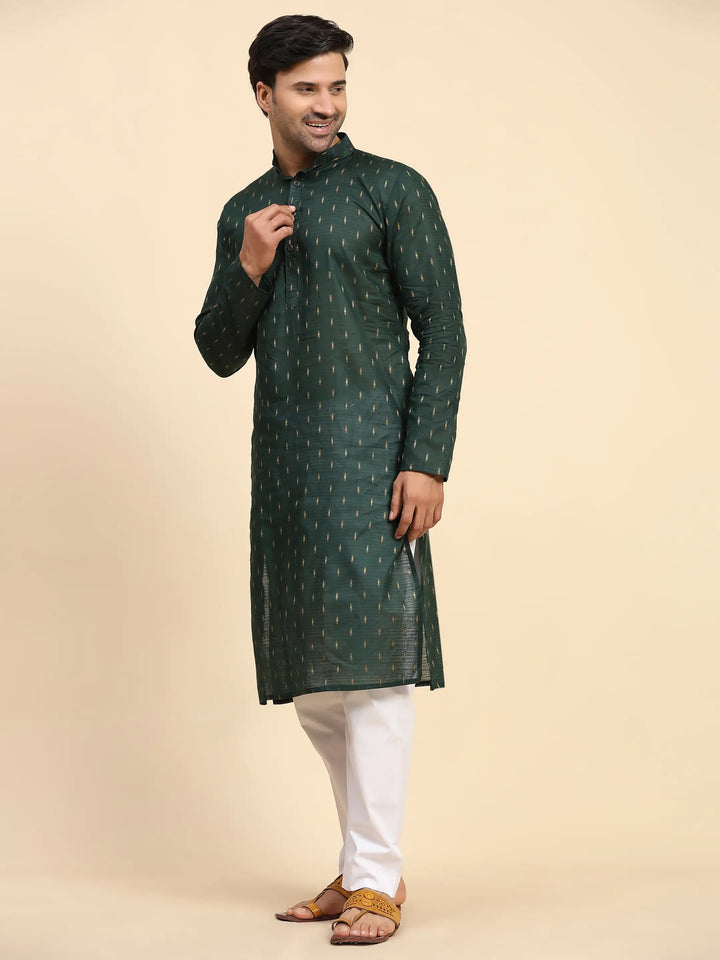 Dark Green Kurta Set for Men | Handwoven Motif Festive Ethnic Wear