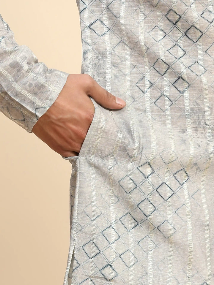 Geometric Print Grey Kurta Set | Men’s Traditional Festive Wear