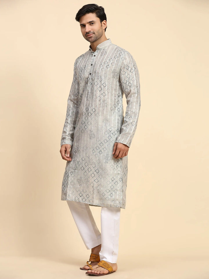 Geometric Print Grey Kurta Set | Men’s Traditional Festive Wear