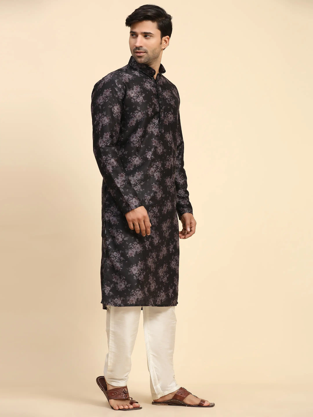 Black Midnight Blossom Kurta Pajama Set for Men | Sangeet & Festive Wear