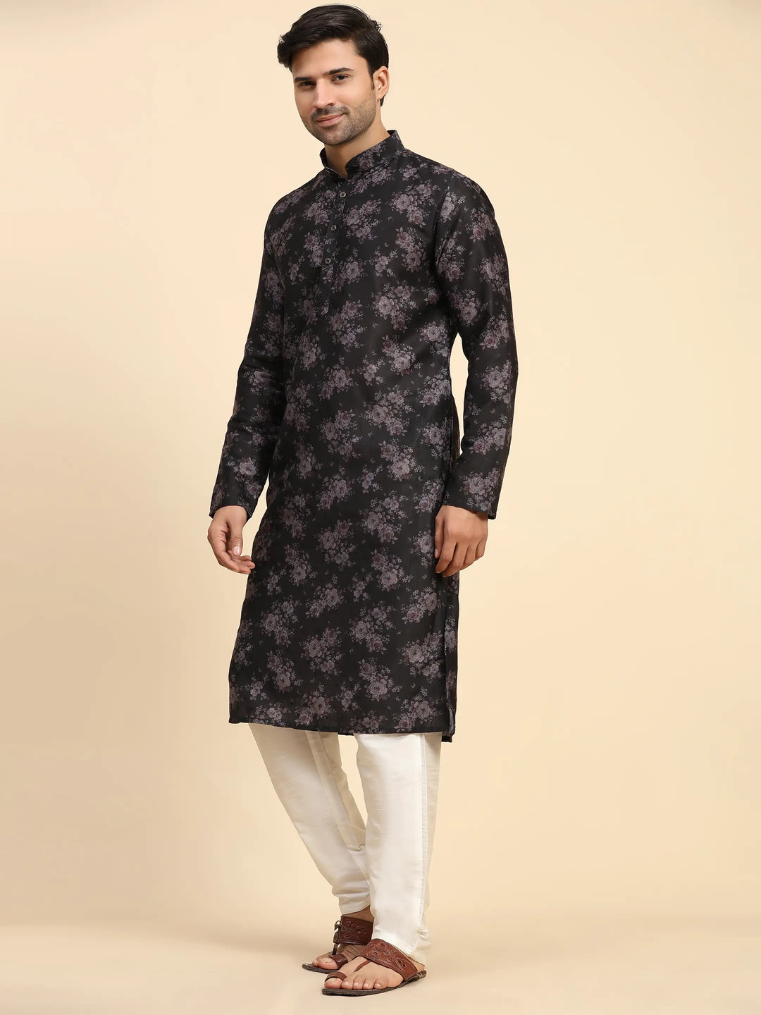 Black Midnight Blossom Kurta Pajama Set for Men | Sangeet & Festive Wear