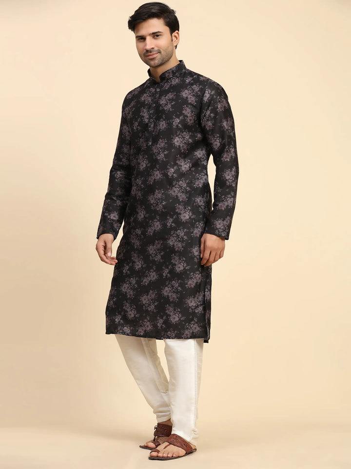 Black Midnight Blossom Kurta Pajama Set for Men | Sangeet & Festive Wear
