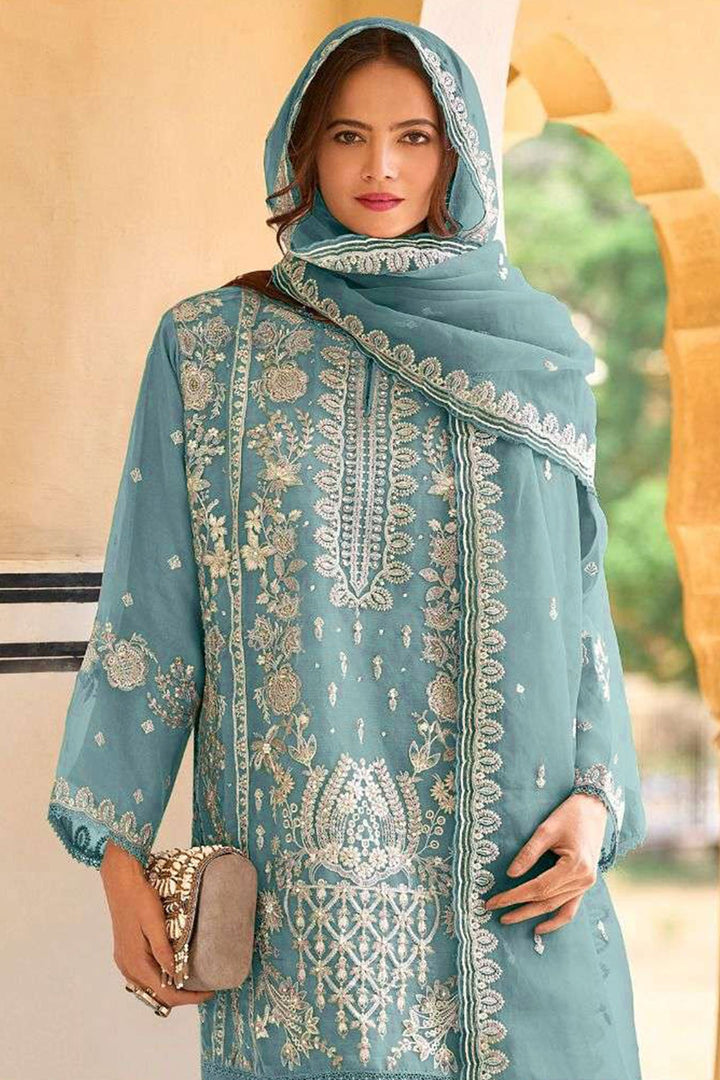 Sky Blue Embroidered Salwar Kameez | Organza with Attractive Dupatta Work