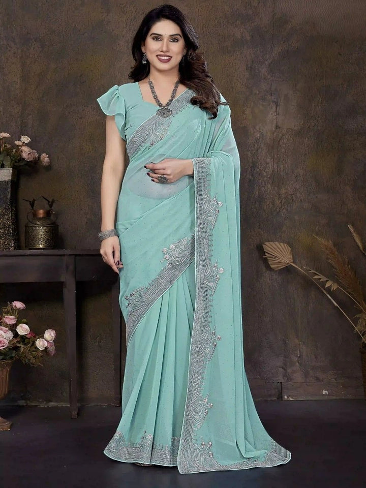 Sky Blue Georgette Saree with Zari & Stone Work | Silverbin
