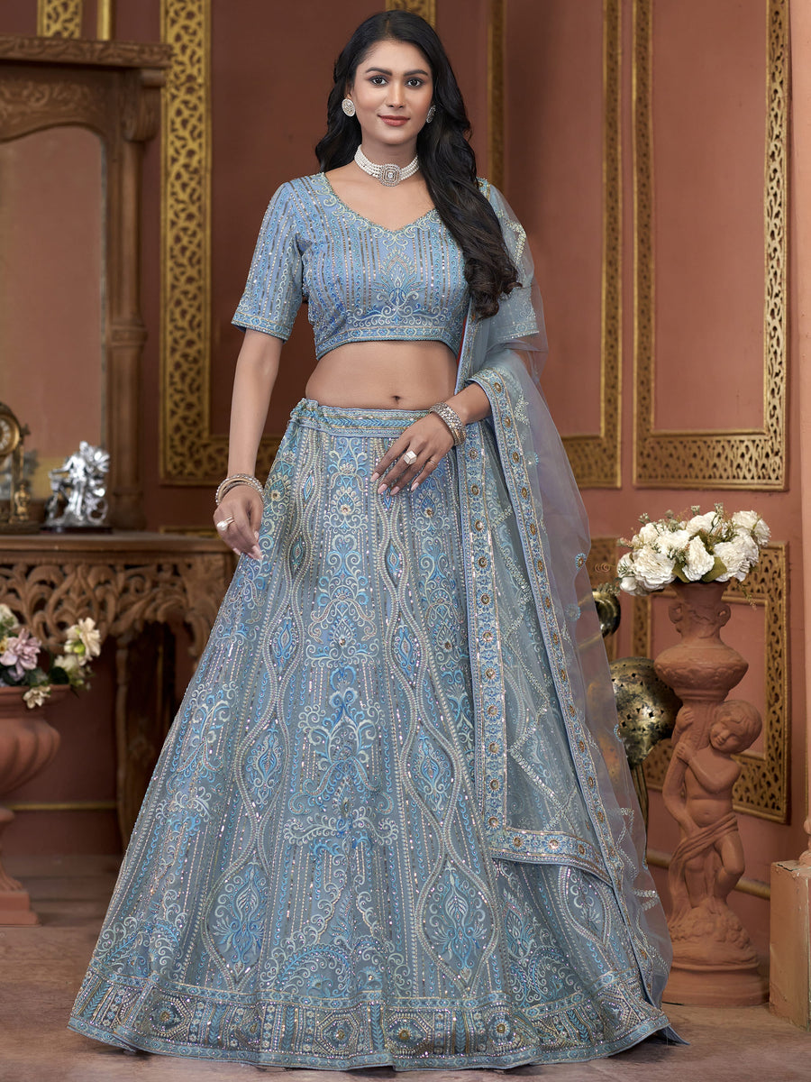 Sky Blue Jarkan Work Net Engagement Lehenga Choli SilverBin