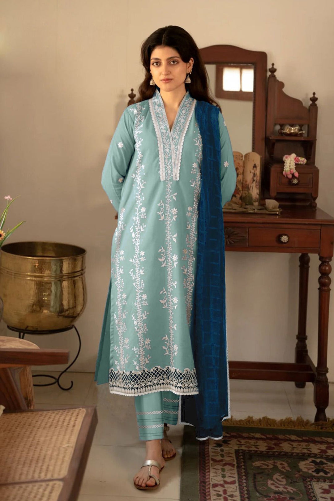 Sky Blue Stitched Tunic Pakistani Salwar Kameez | With Contrast Dupatta