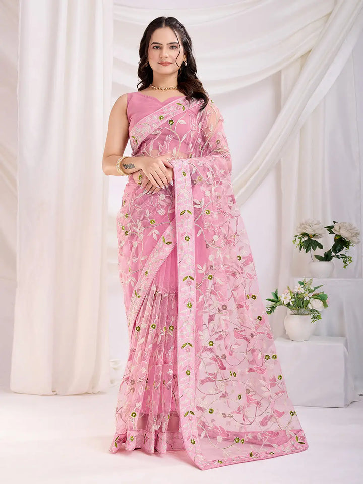 Soft Net Party Wear Pink Saree with Thread Embroidery & Mono Banglori Blouse

