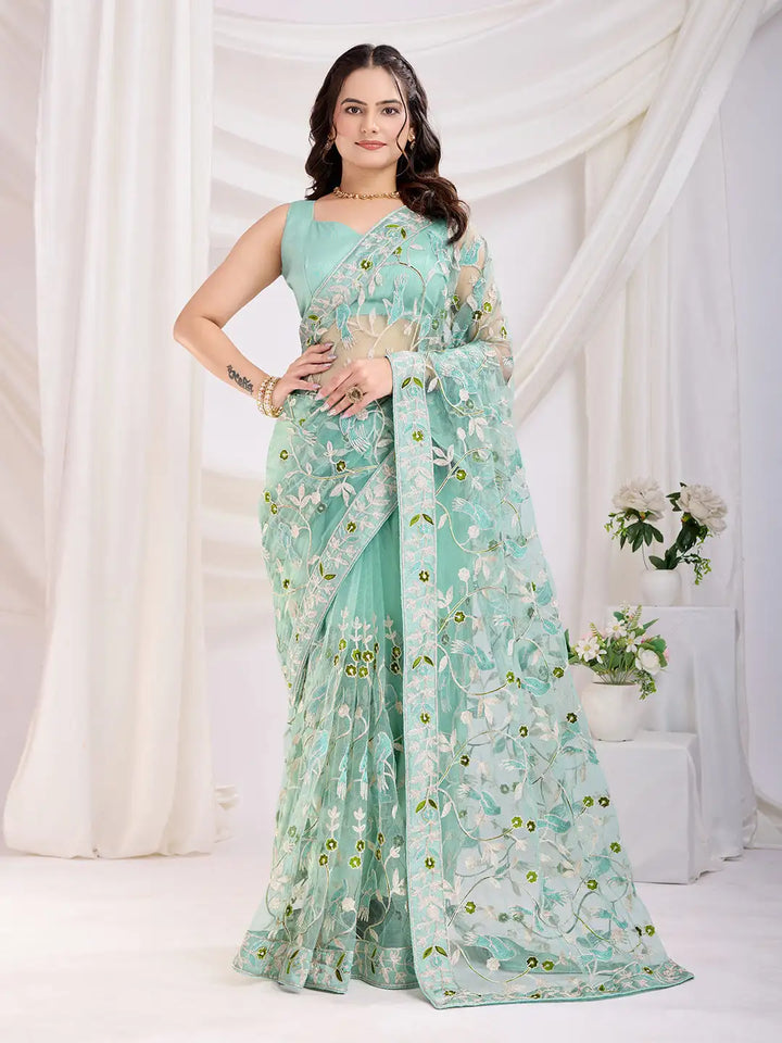 Soft Net Party Wear Sea Green Saree with Thread Embroidery & Mono Banglori Blouse

